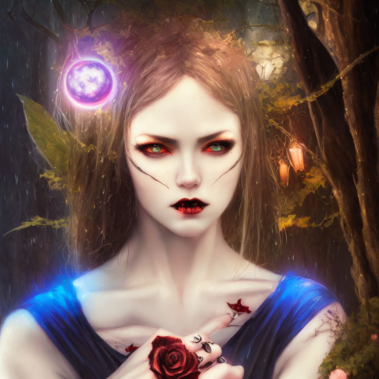 Mystical woman with red eyes, cracked skin, holding a rose, and glowing purple orb in