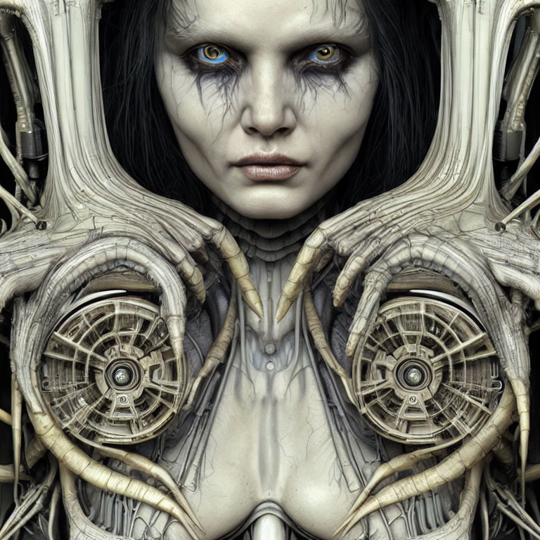 Detailed digital artwork: Female figure with mechanical elements and blue eyes, surrounded by intricate structures