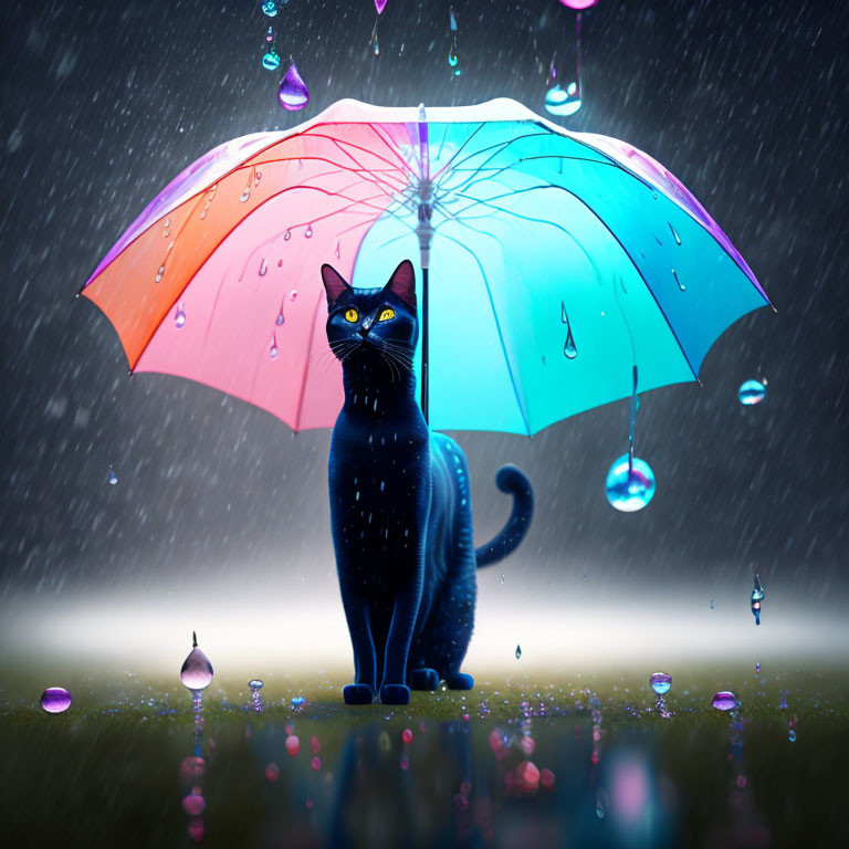 Black Cat with Yellow Eyes Under Colorful Umbrella in Rainy Scene