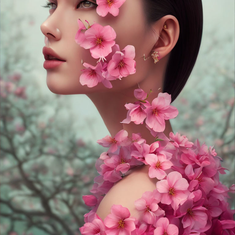 Portrait of person with pink blossoms on face and shoulder against floral backdrop