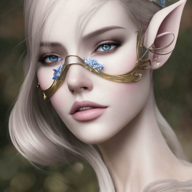 Blonde-haired female fantasy character with pointed ears in ornate gold glasses