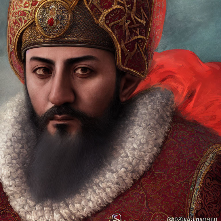 Regal man with beard in red cape and golden crown