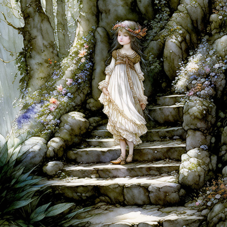Girl on the stairs in the forest.