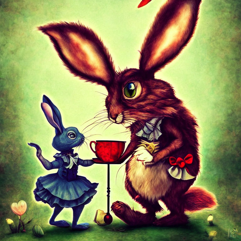 Illustration of two anthropomorphic rabbits in different outfits