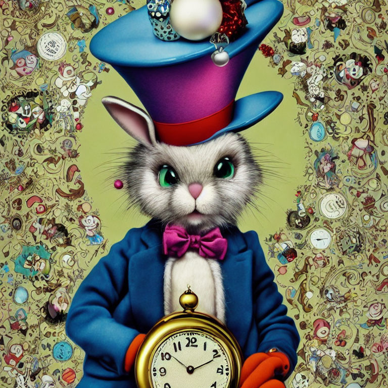 Colorful anthropomorphic rabbit with pocket watch and clocks.