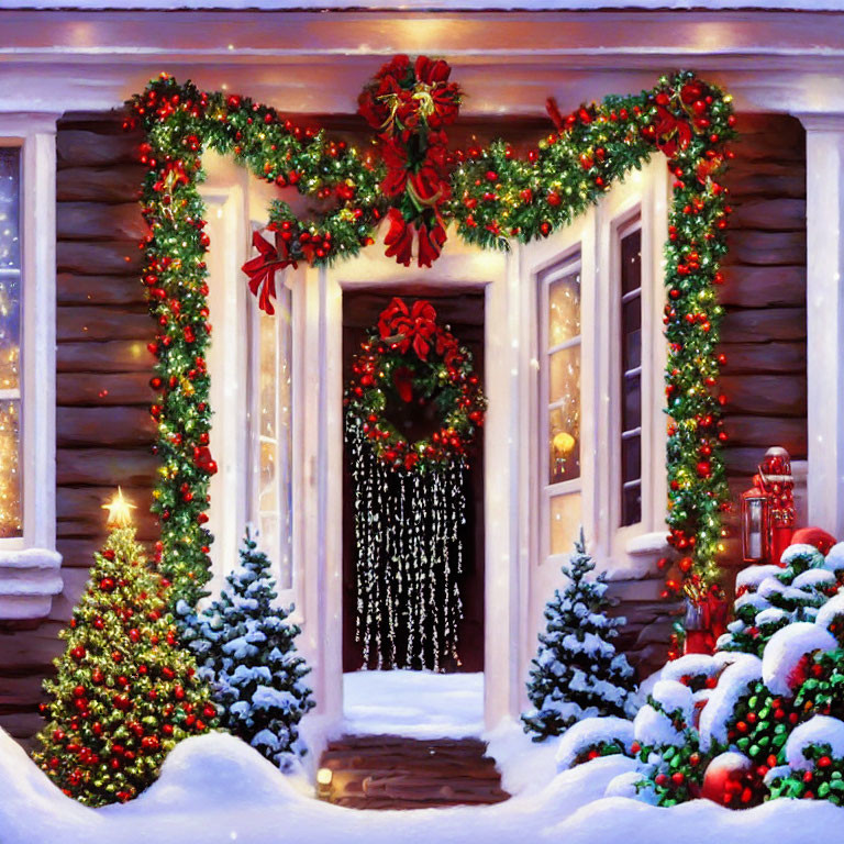 Festive Christmas decorations on snow-covered doorway