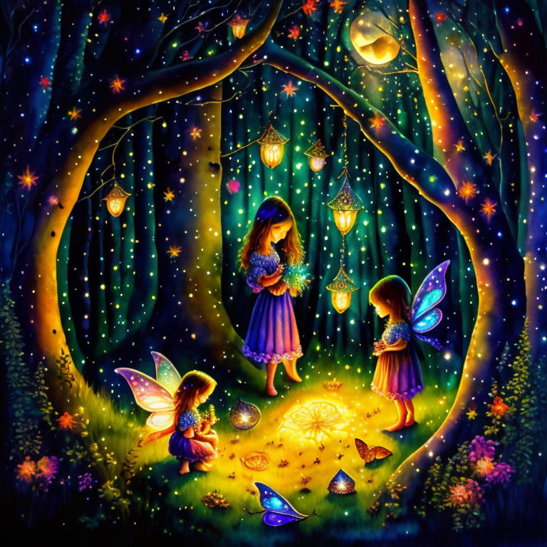 Whimsical forest scene with children, fairies, lanterns, flora, and butterflies