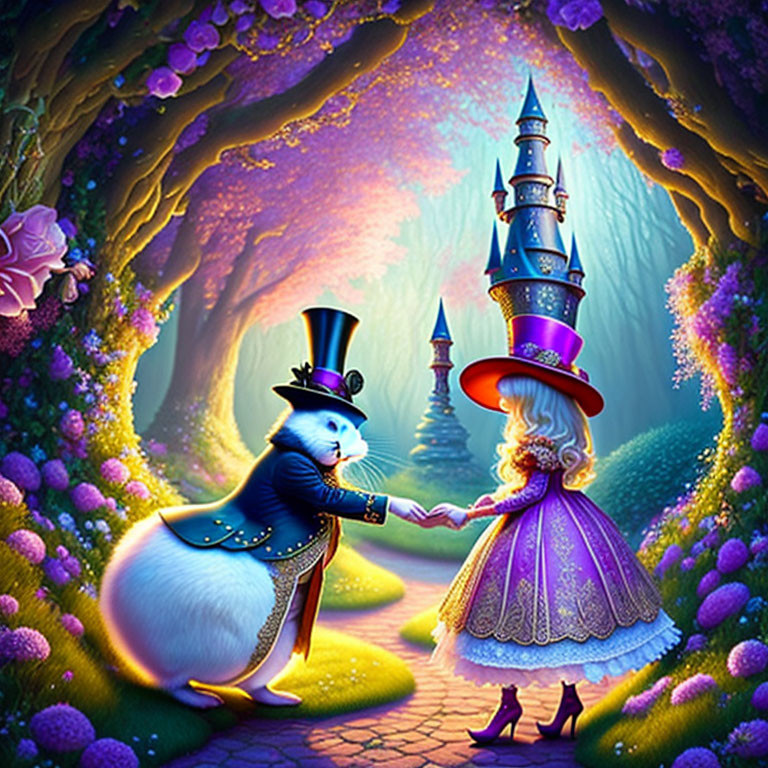 Anthropomorphic cats in fancy attire holding hands in magical forest with castle.