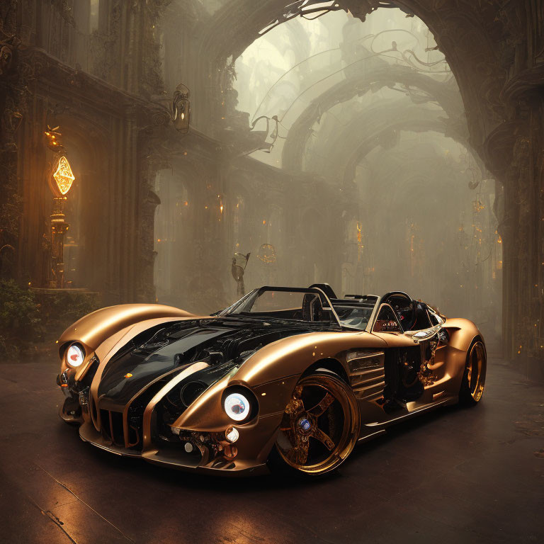 Luxurious Golden and Black Sports Car in Ornate Gothic Hall