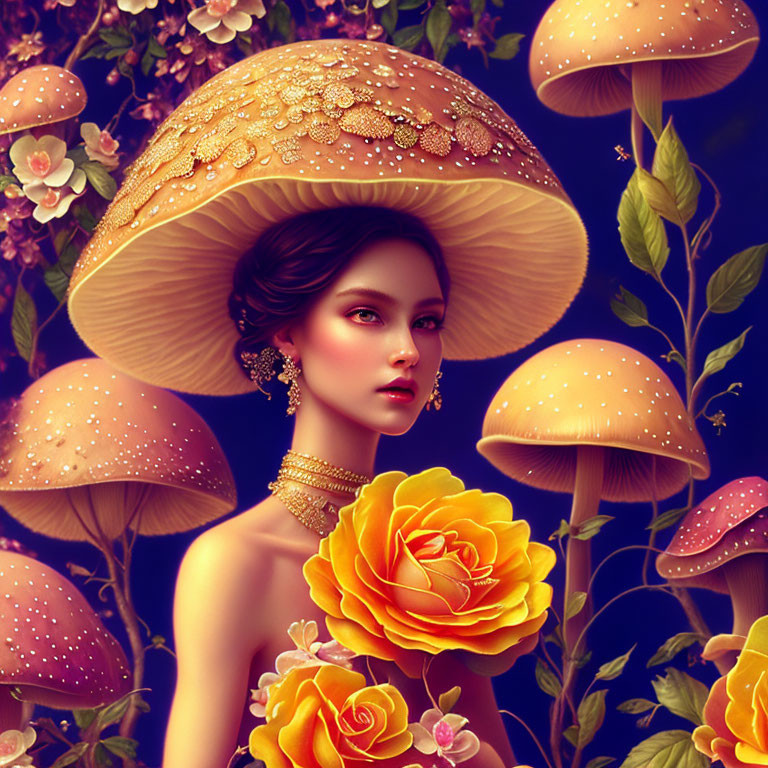 Surreal portrait of woman with mushroom cap and roses