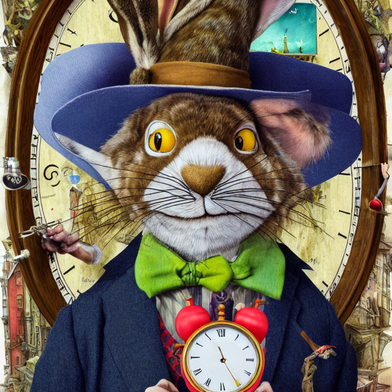 Formal Attire Rabbit with Pocket Watch in Surreal Clock Background
