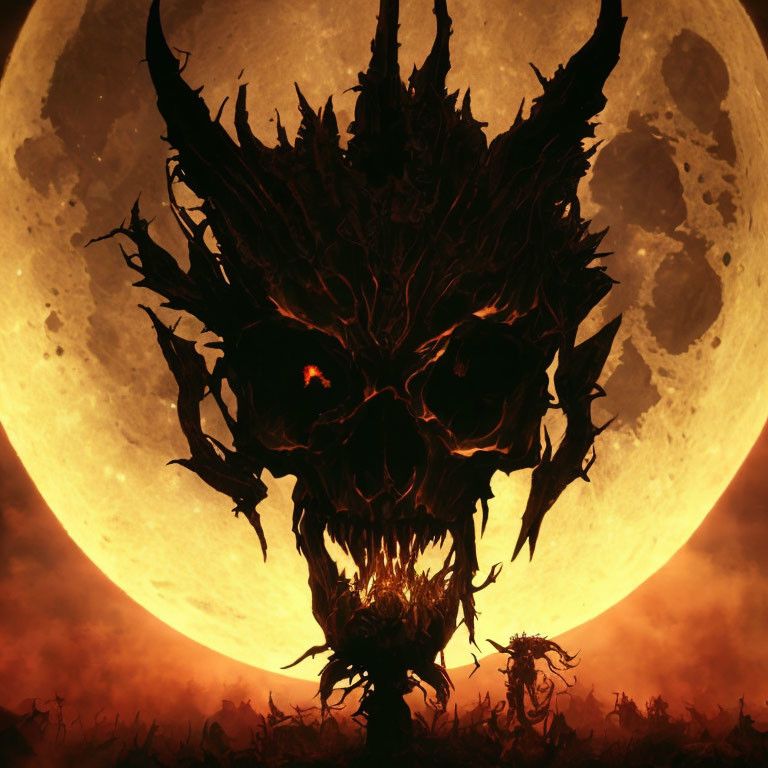 Monstrous skull-like creature with glowing eyes under eerie moon