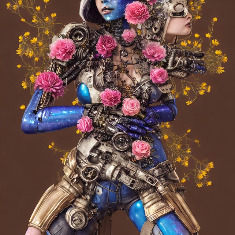 Futuristic female robot with mechanical parts and vibrant flowers