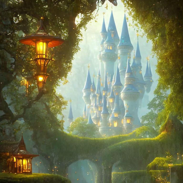 Fairytale castle in lush greenery with glowing lamp post