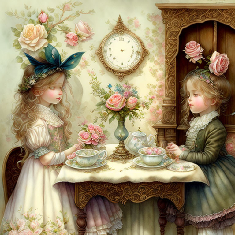 Vintage Clothing Tea Party with Floral Arrangement & Ornate Clock
