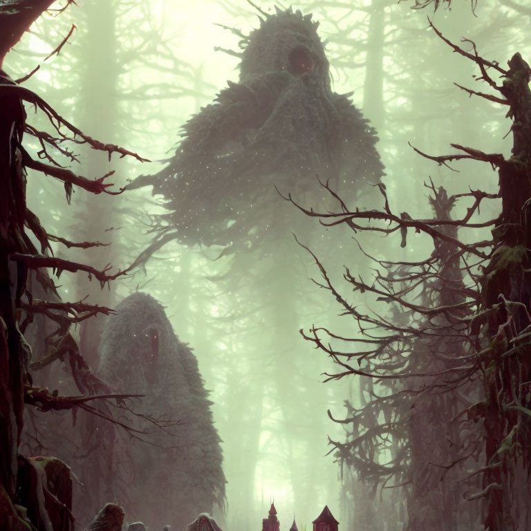 Ethereal misty forest with creature-like figures and mysterious ambiance