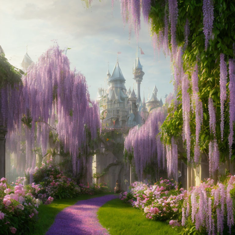 Enchanting fairytale castle in lush greenery with wisteria blooms