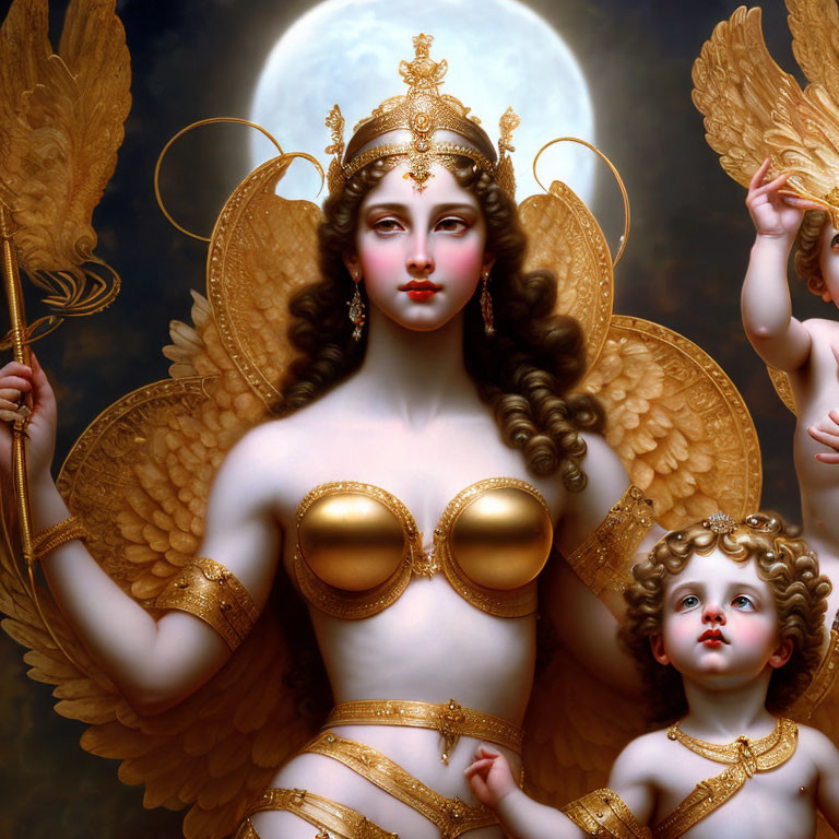 Detailed painting of celestial figure with golden wings, halo, and armor, cherubic companions under moonlit