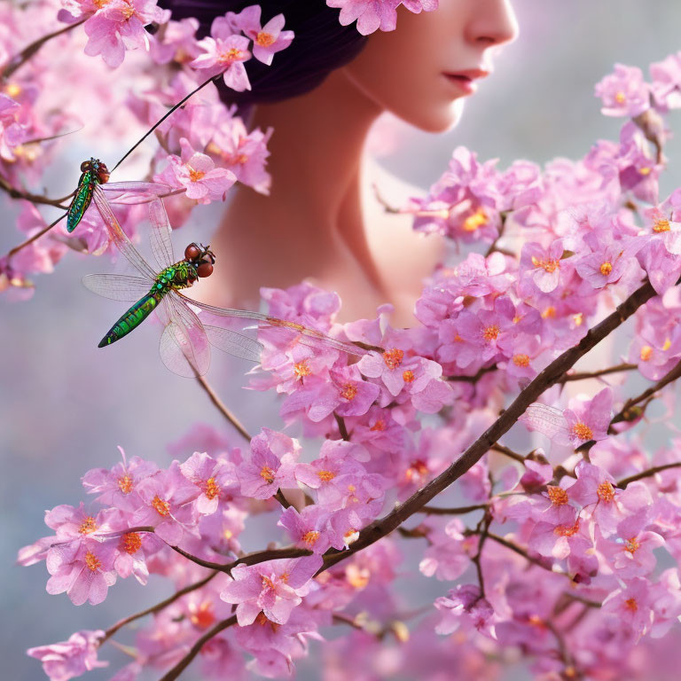 Person's Side Profile Among Pink Flowers with Dragonflies