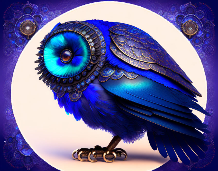 Colorful Owl Illustration with Cyclopean Eye on Golden Perch