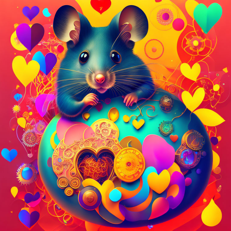 Colorful Illustration of Blue Mouse with Hearts and Gears on Floral Background