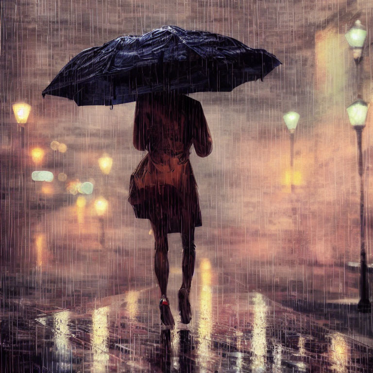 Person with Umbrella Walking on Wet, Reflective Street at Night in Rain