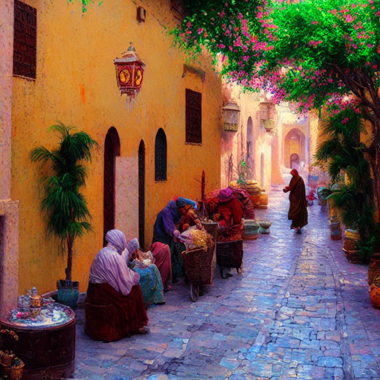 Vibrant alley scene with cobbled path, blooming trees, and people in traditional attire.