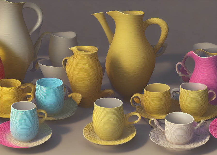 Colorful Ceramic Pitchers & Cups with Saucers in Ribbed Textures