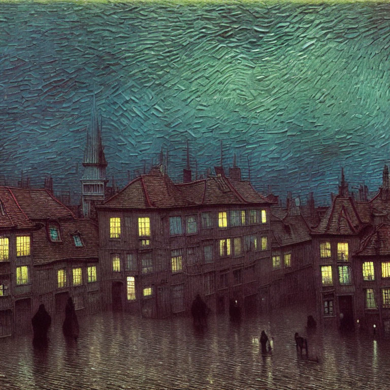 Nighttime Old-Town Scene with Illuminated Windows & Silhouetted Figures