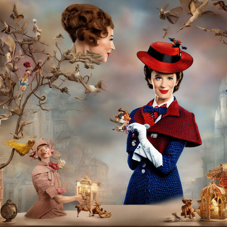 Colorful artwork featuring woman in red hat and blue coat, surrounded by animals and flying birds.