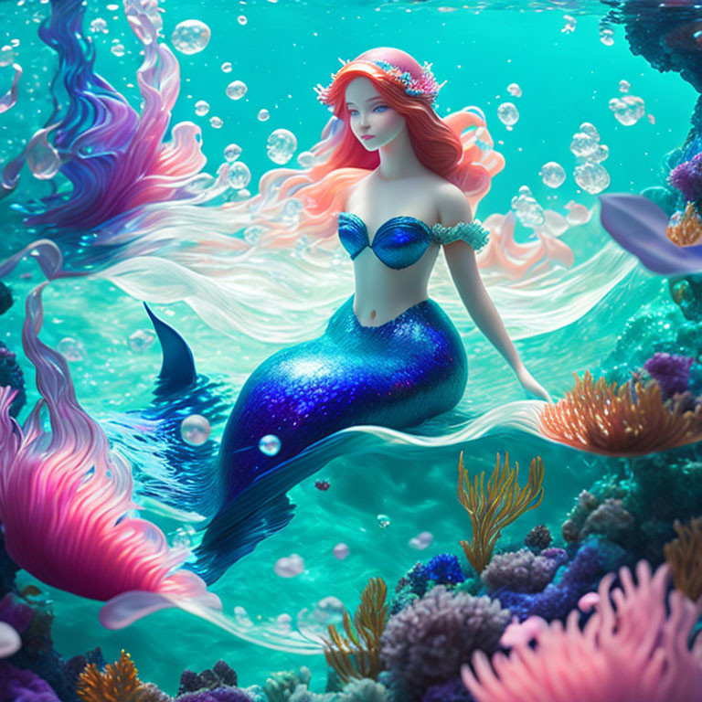 Vibrant mermaid with red hair swimming in colorful underwater scene