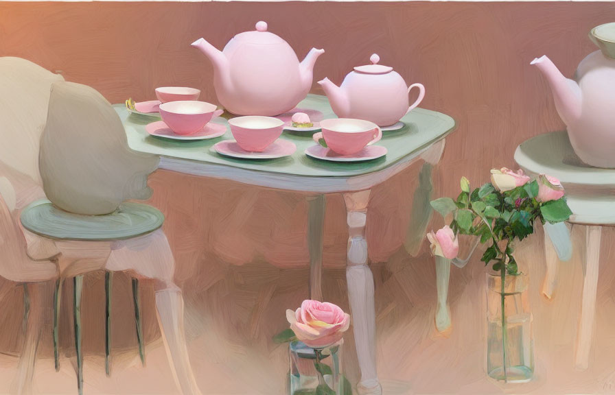 Tranquil still-life painting of tea set and roses on table