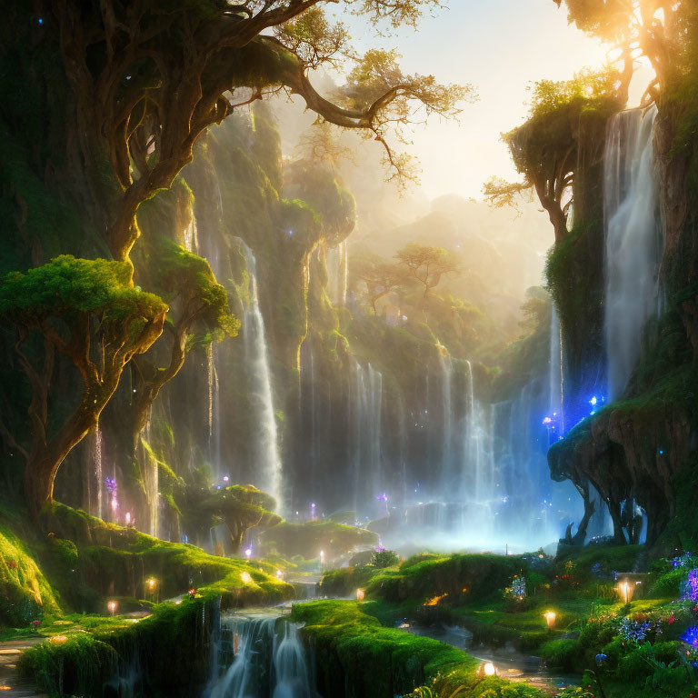 Enchanting forest with waterfalls, glowing flowers, and serene river