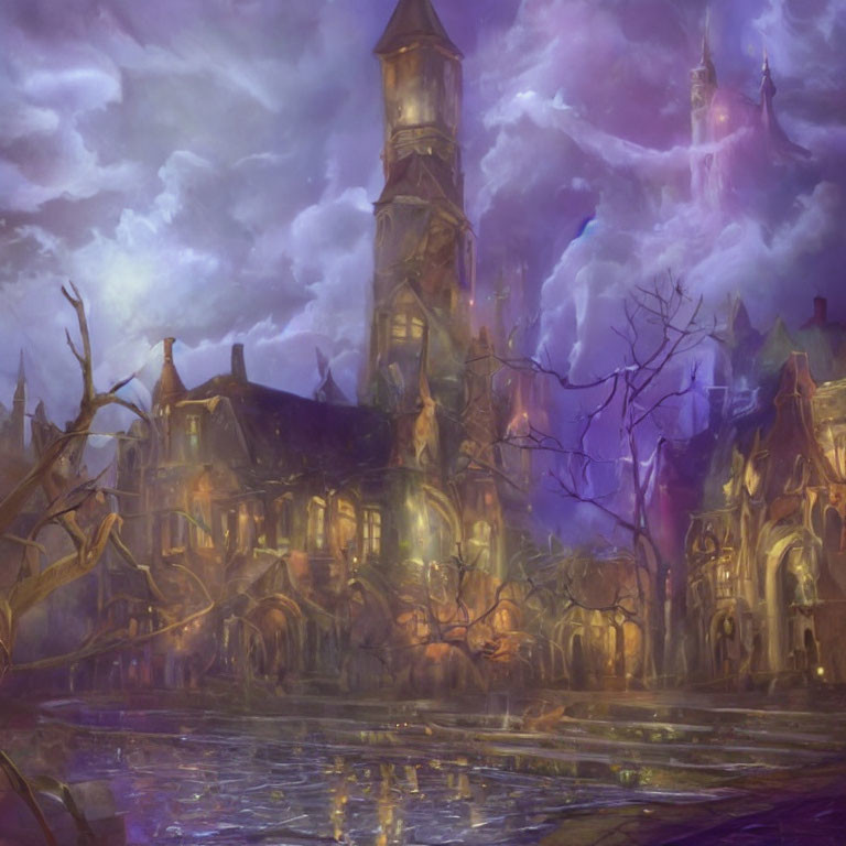 Mystical Gothic castle under stormy purple sky