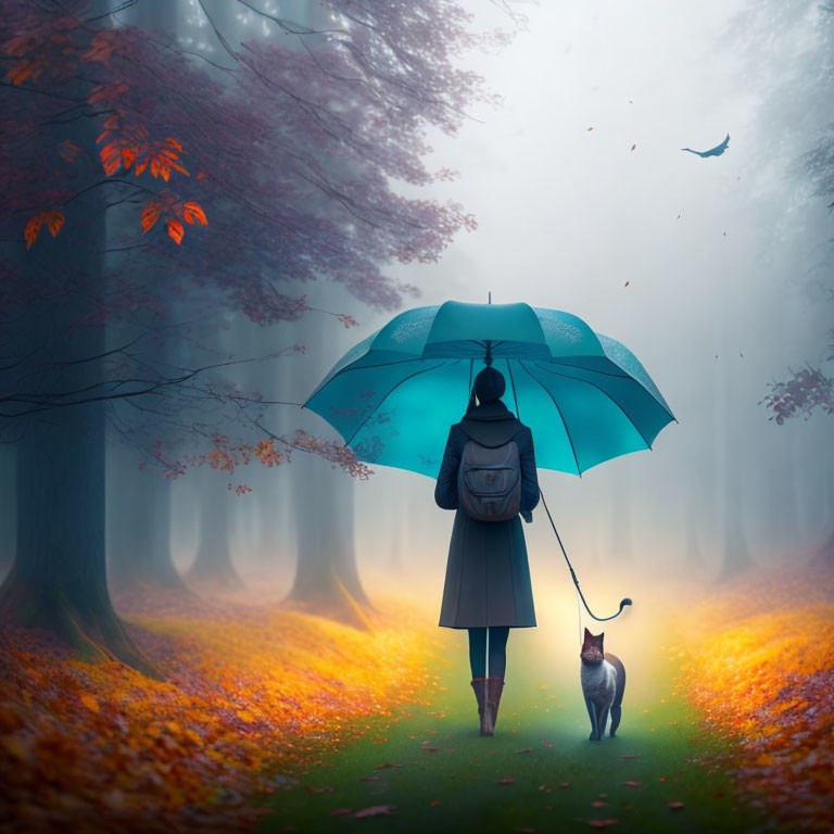 Person with blue umbrella walks cat in misty forest with autumn leaves and flying bird