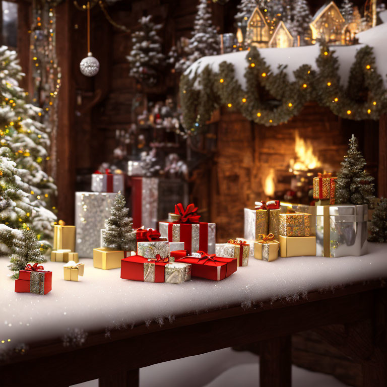 Festive Christmas scene with fireplace, gifts, and decorations