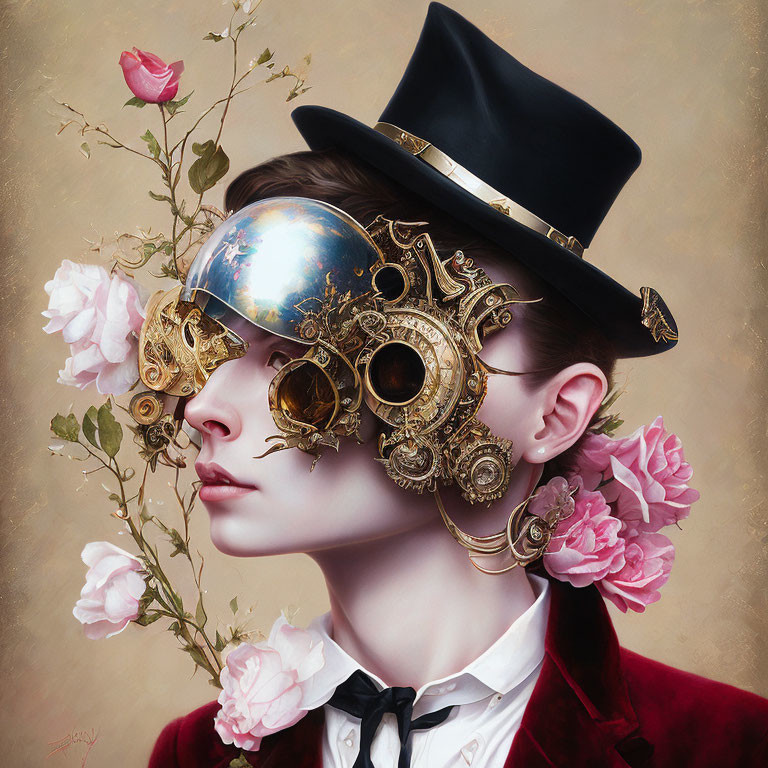 Person in Top Hat with Golden Steampunk Mask and Pink Roses on Beige Background