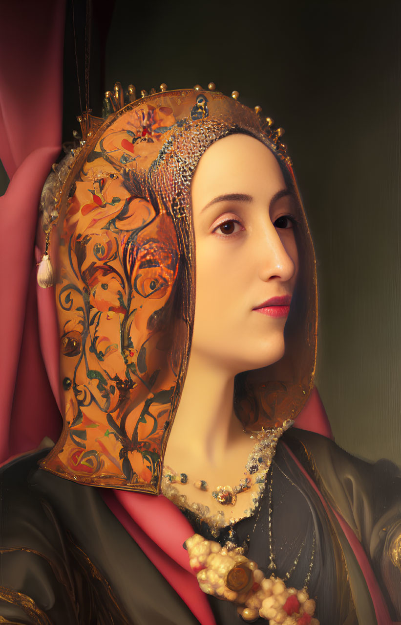 Woman with Decorative Headdress and Red Cloak in Serene Portrait