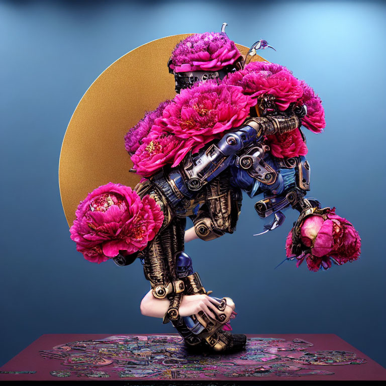 Surreal humanoid robotic figure with pink peonies on teal backdrop