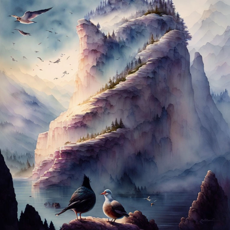 Tranquil landscape: towering cliff, misty mountains, calm lake, birds in the sky