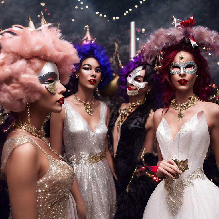 Four women in glamorous masquerade attire with ornate masks, sequined dresses, and colorful w