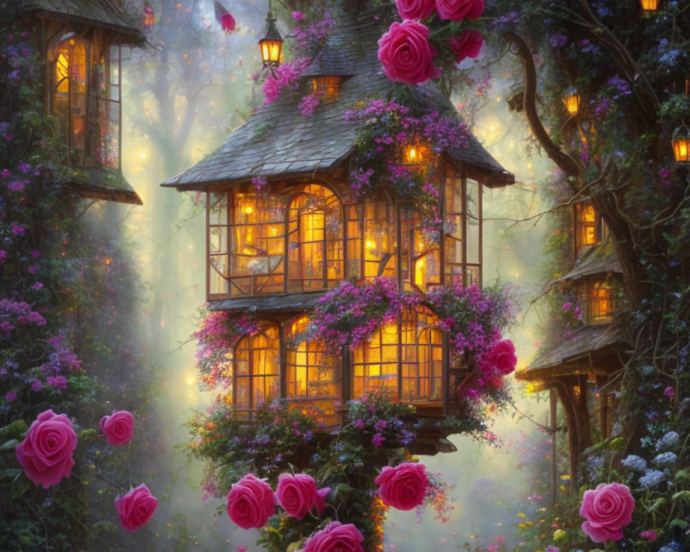 Mystical forest treehouses among blooming flowers