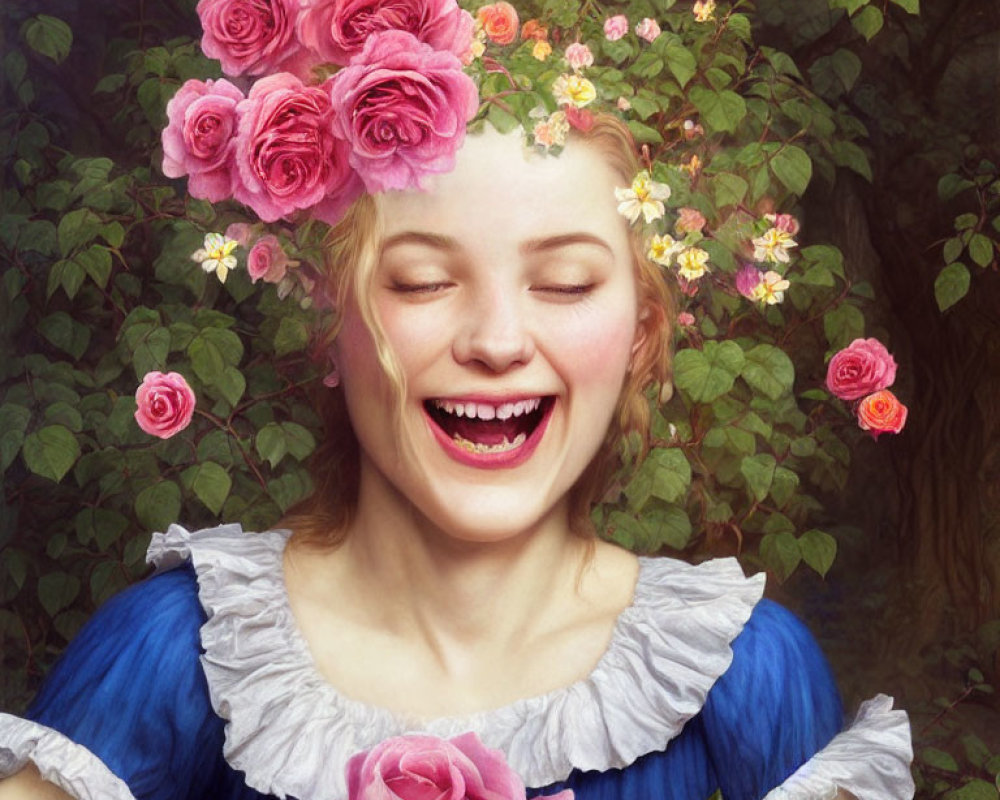 Smiling woman with floral headdress in nature scene