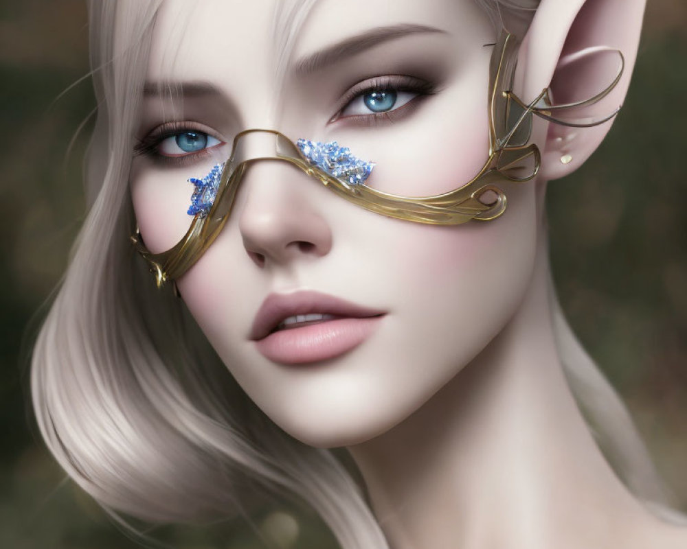 Blonde-haired female fantasy character with pointed ears in ornate gold glasses