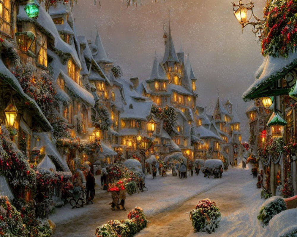 Snow-covered village adorned for Christmas with festive decorations and glowing street lamps.