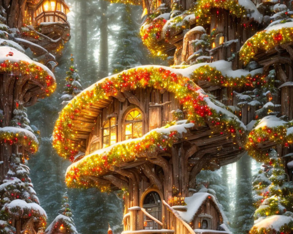 Enchanted snow-covered treehouse in wintry forest with festive lights