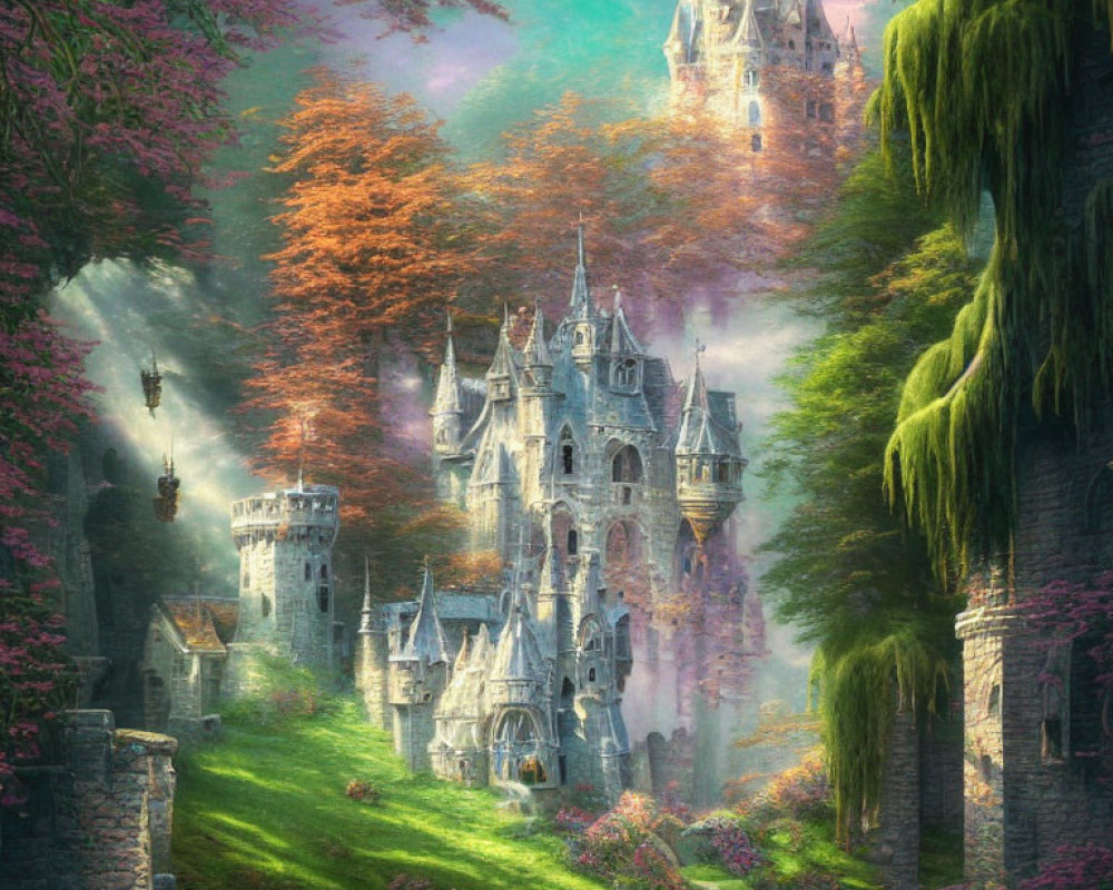 Enchanting fairytale landscape with castles, lush greenery, colorful flora, and mystical