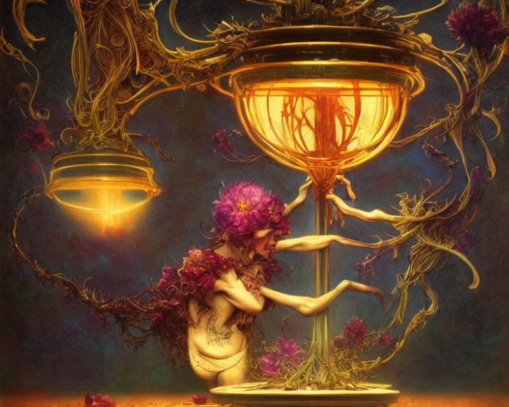 Fantasy artwork of luminous tree, lamp, figure, flowers in mystical setting