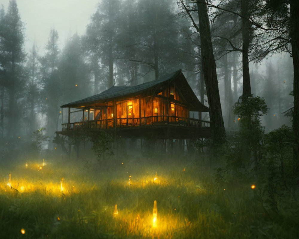 Ethereal forest scene: cozy cabin in misty glow