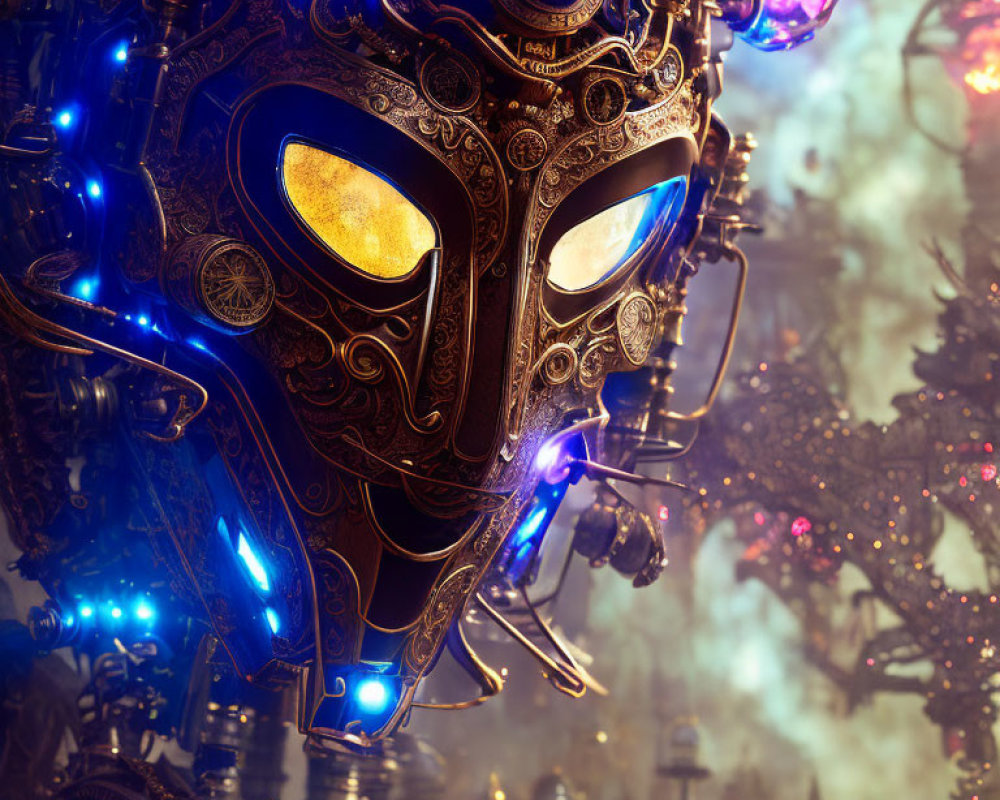 Detailed Golden Mask with Blue Glow Amid Machinery and Orbs